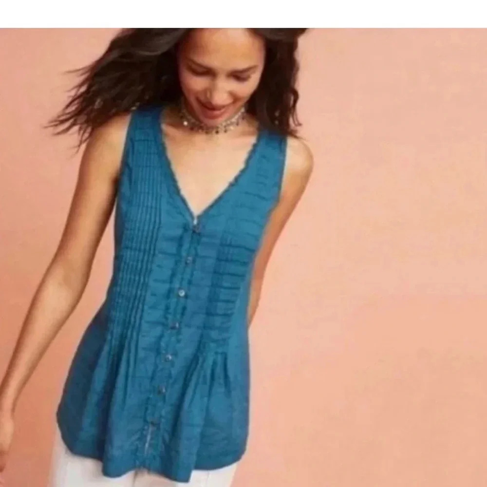 Maeve by Anthropologie Teal Button-Down Sleeveless Top